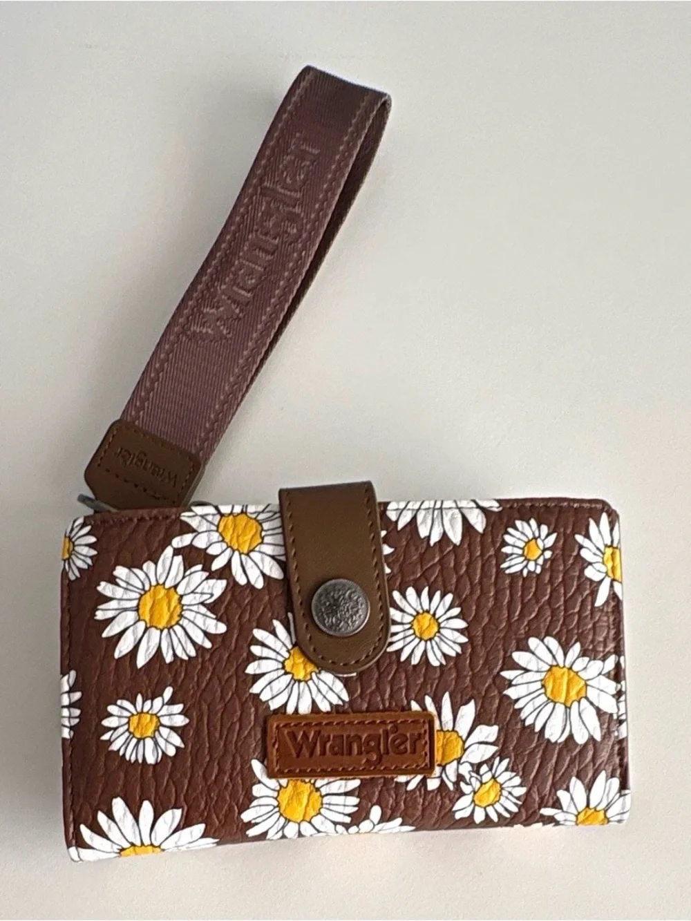 Wrangler Brown Daisy Wristlet Wallet with Yellow & White Accents